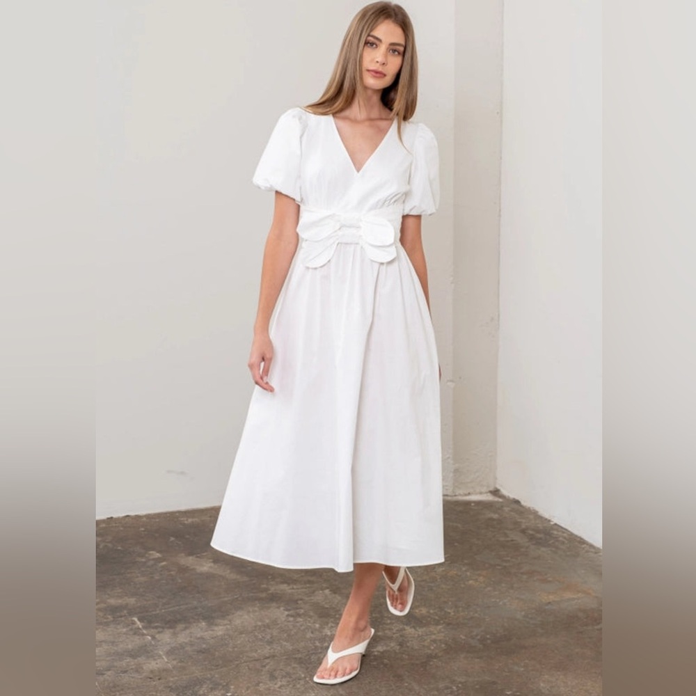 NWT Tuckernuck’s Moon River Midi White Dress XS Bows Crisp Summer Preppy Minimal
